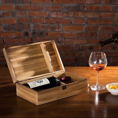 Environmental Rustic Torched Wood Double Bottle Wine Gift Boxes With Lid Customizable