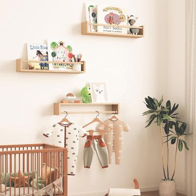 Solid Wood Style Floating Book Shelves for Wall Storage and Kids Room Organizer