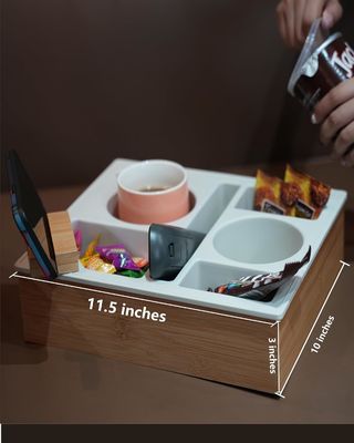 Rotatable Phone Holder Wooden Silicone Bamboo Couch Cup Holder Tray Organizer for Bed Snacks Customized Logo Acceptable