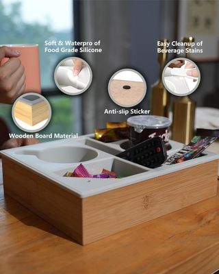 Rotatable Phone Holder Wooden Silicone Bamboo Couch Cup Holder Tray Organizer for Bed Snacks Customized Logo Acceptable