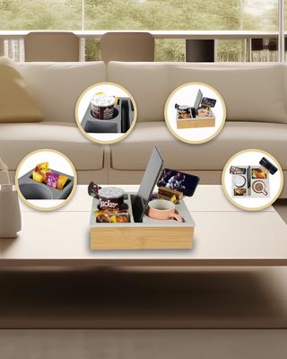 Rotatable Phone Holder Wooden Silicone Bamboo Couch Cup Holder Tray Organizer for Bed Snacks Customized Logo Acceptable
