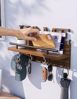 Double Tier Wooden Mail and Key Holder for Wall Decorative Entryway Organizer
