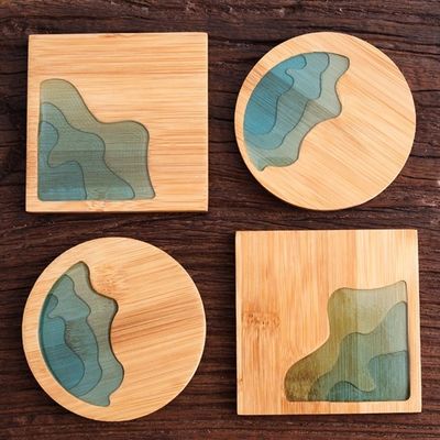 10Cm Live Edge Bamboo Square Resin Wooden Epoxy Wood Coaster Resin River Blue Emerald