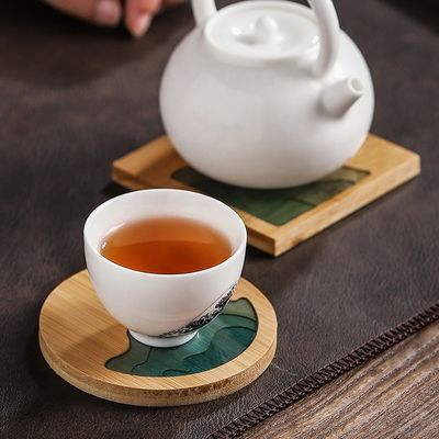 10Cm Live Edge Bamboo Square Resin Wooden Epoxy Wood Coaster Resin River Blue Emerald