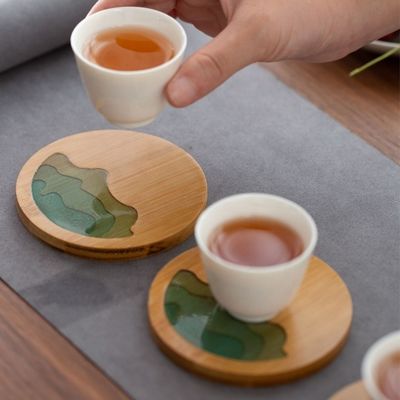 10Cm Live Edge Bamboo Square Resin Wooden Epoxy Wood Coaster Resin River Blue Emerald