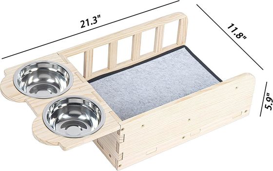 Modern Design Style Wall Mounted Wood Cat Feeder Shelf With Two Bowls Custom Service