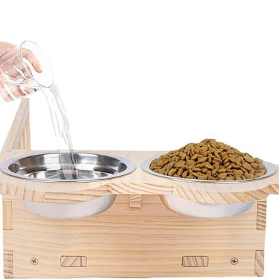 Modern Design Style Wall Mounted Wood Cat Feeder Shelf With Two Bowls Custom Service