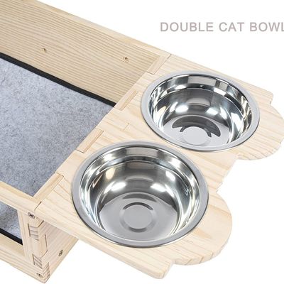 Modern Design Style Wall Mounted Wood Cat Feeder Shelf With Two Bowls Custom Service