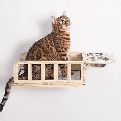 Modern Design Style Wall Mounted Wood Cat Feeder Shelf With Two Bowls Custom Service