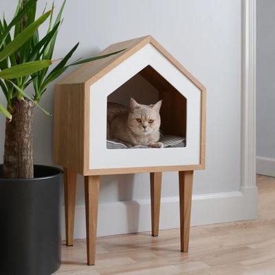 Indoor Cat Tree Oak Wood Cat House in Natural Wood Color with Storage Containers