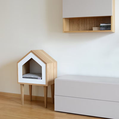 Indoor Cat Tree Oak Wood Cat House in Natural Wood Color with Storage Containers