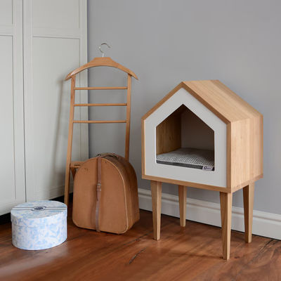 Indoor Cat Tree Oak Wood Cat House in Natural Wood Color with Storage Containers
