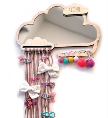 Custom Cloud Shaped Wooden Framed Children Mirror with Hair Clip and Rubber Band Holders