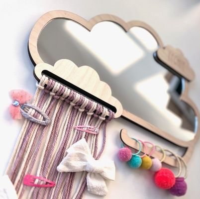 Custom Cloud Shaped Wooden Framed Children Mirror with Hair Clip and Rubber Band Holders