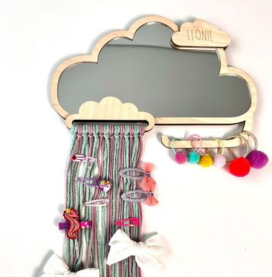 Custom Cloud Shaped Wooden Framed Children Mirror with Hair Clip and Rubber Band Holders