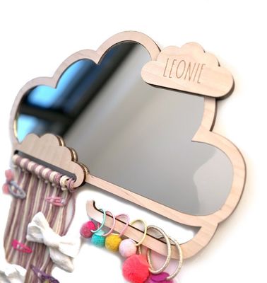 Custom Cloud Shaped Wooden Framed Children Mirror with Hair Clip and Rubber Band Holders