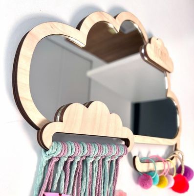 Custom Cloud Shaped Wooden Framed Children Mirror with Hair Clip and Rubber Band Holders