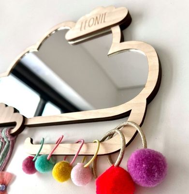 Custom Cloud Shaped Wooden Framed Children Mirror with Hair Clip and Rubber Band Holders