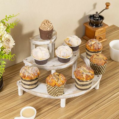 Embossed Wooden Whitewashed 3-Piece Set for Semicircle Cupcake Stand and Display Riser