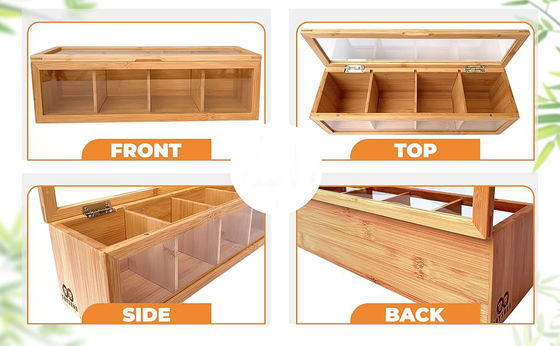 Wooden Tea Bag Organizer with Laser Engraved Printing and Clear Acrylic Glass Window