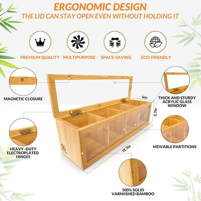 Wooden Tea Bag Organizer with Laser Engraved Printing and Clear Acrylic Glass Window