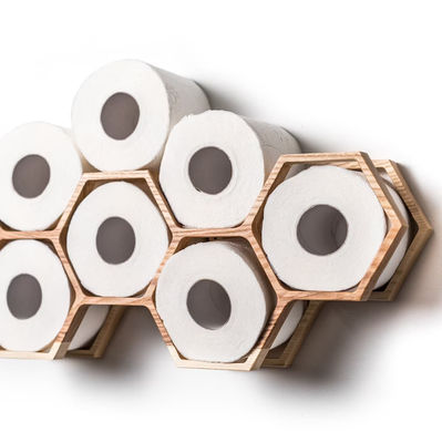 Wooden Restroom Roll Rack with Wall Mount Tissue Storage Shelf in Honeycomb Design