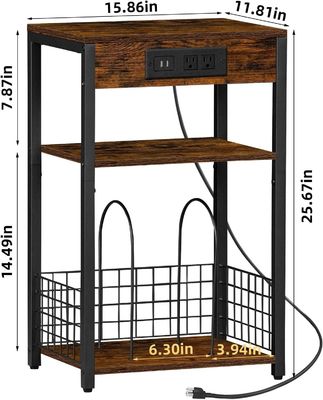 Storage Container Design Style Brown Nightstand with USB Ports and Charging Station