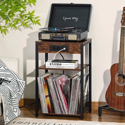 Storage Container Design Style Brown Nightstand with USB Ports and Charging Station