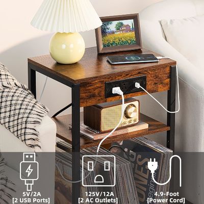 Storage Container Design Style Brown Nightstand with USB Ports and Charging Station