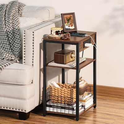 Storage Container Design Style Brown Nightstand with USB Ports and Charging Station