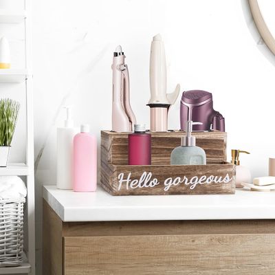 Effortlessly Keep Your Bathroom Tidy with this Wood Hair Dryer and Straightener Holder