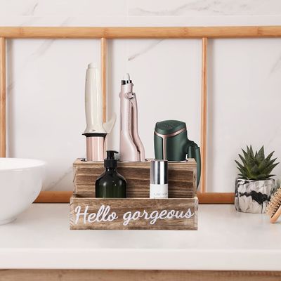 Effortlessly Keep Your Bathroom Tidy with this Wood Hair Dryer and Straightener Holder