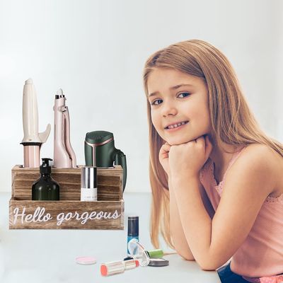 Effortlessly Keep Your Bathroom Tidy with this Wood Hair Dryer and Straightener Holder