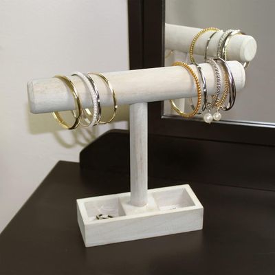 Living Room Custom Wooden T-Bar Jewelry Display Stand with 2-Compartment Storage Tray