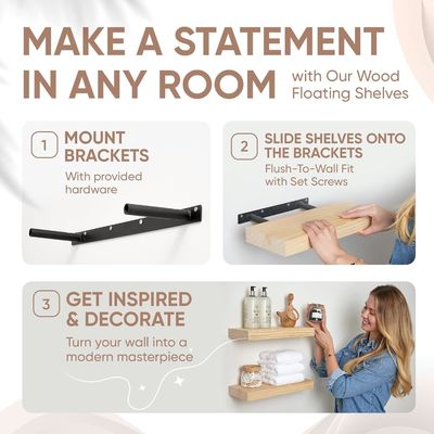 Set of 2 Rustic Farmhouse Wood Floating Shelves 16 x 6.5 x 1.75 Inches Modern Design