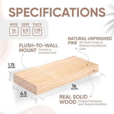 Set of 2 Rustic Farmhouse Wood Floating Shelves 16 x 6.5 x 1.75 Inches Modern Design
