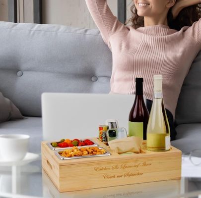 Customized Logo Wood Sofa Tray with Drink Holder Removable Lid and Storage Compartment