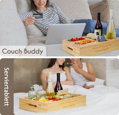 Customized Logo Wood Sofa Tray with Drink Holder Removable Lid and Storage Compartment