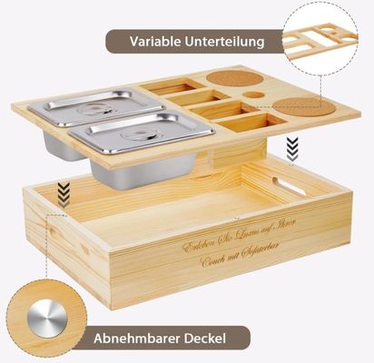 Customized Logo Wood Sofa Tray with Drink Holder Removable Lid and Storage Compartment