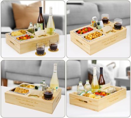 Customized Logo Wood Sofa Tray with Drink Holder Removable Lid and Storage Compartment