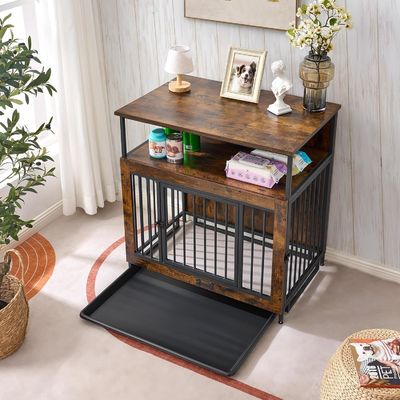 Indoor Wooden Dog Crate 202406 Double Doors Large Dog Cage with Anti Slip Pull Out Tray