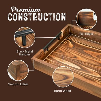 Wooden Serving Tray with Metal Handles for Living Room Bedroom Entryway Kitchen Decor