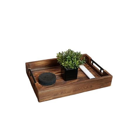 Wooden Serving Tray with Metal Handles for Living Room Bedroom Entryway Kitchen Decor
