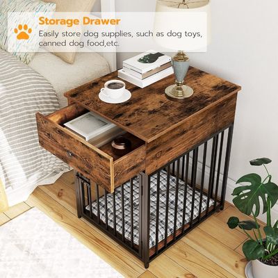 Indoor Pet Crate End Table Decorative Dog Kennel with Drawer and Customized Shape in White