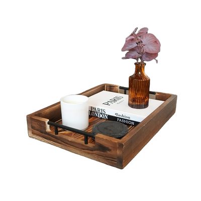 Wooden Serving Tray with Metal Handles for Living Room Bedroom Entryway Kitchen Decor