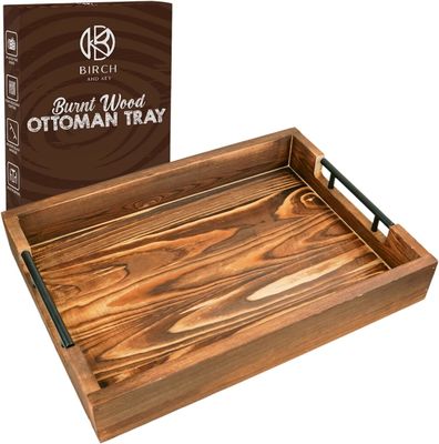 Wooden Serving Tray with Metal Handles for Living Room Bedroom Entryway Kitchen Decor