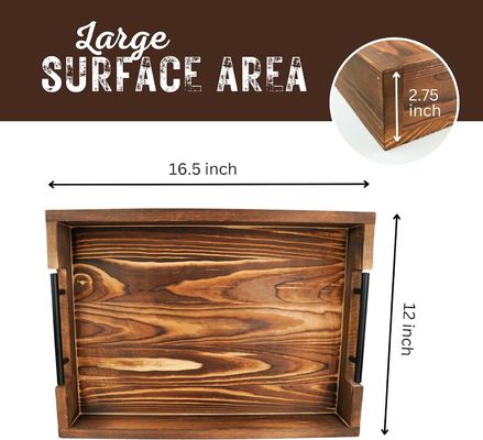 Wooden Serving Tray with Metal Handles for Living Room Bedroom Entryway Kitchen Decor