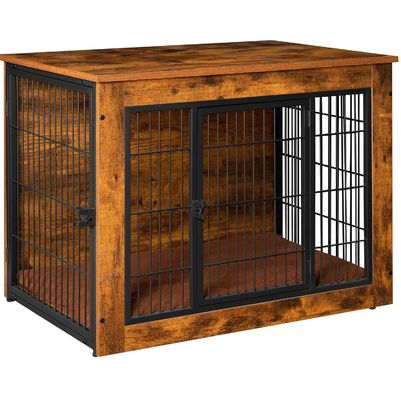 Wall Mounted Cat Perch Wooden Dog Crate Furniture with Double Doors and Thick Cushion