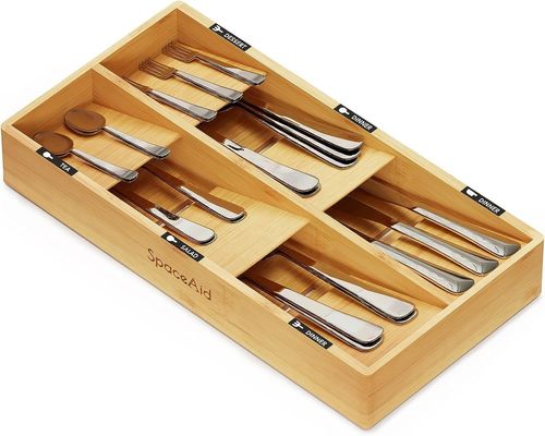 Organizer Silverware Drawer with Plain Wooden Box 6 Slots Bamboo Tray Holder in Natural