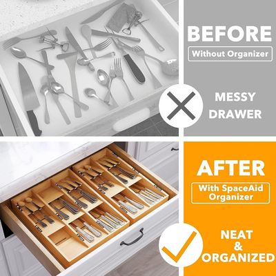 Organizer Silverware Drawer with Plain Wooden Box 6 Slots Bamboo Tray Holder in Natural